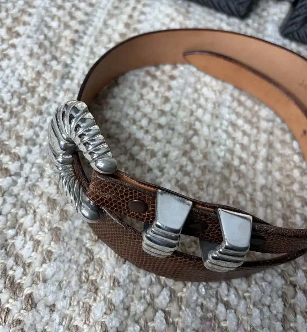 James Reid Brown Genuine Lizard Belt 925 Sterling Silver Buckle/Loops Size 26